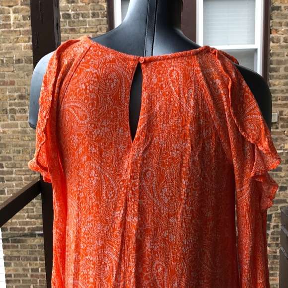 Vintage Orange Paisley Old Navy Ruffle Cold Shoulder Mini Dress Y2K Boho Vibes S - Picture 6 of 13